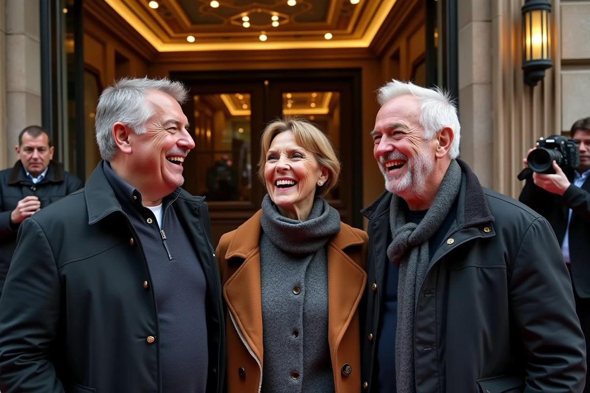 Trio d'acteurs célèbres riant ensemble sur un tapis rouge devant un théâtre Art Déco