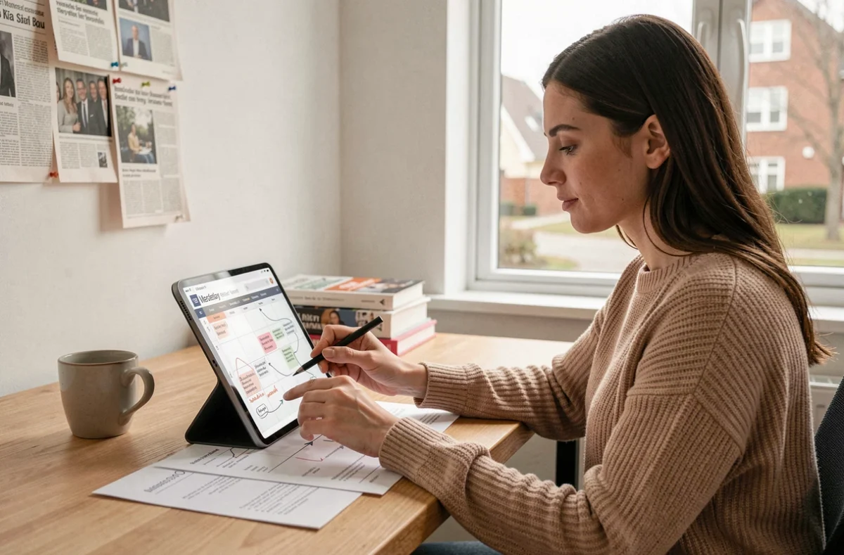 Analyste médias femme étudiant les tendances de l'actualité sur tablette dans un bureau à domicile