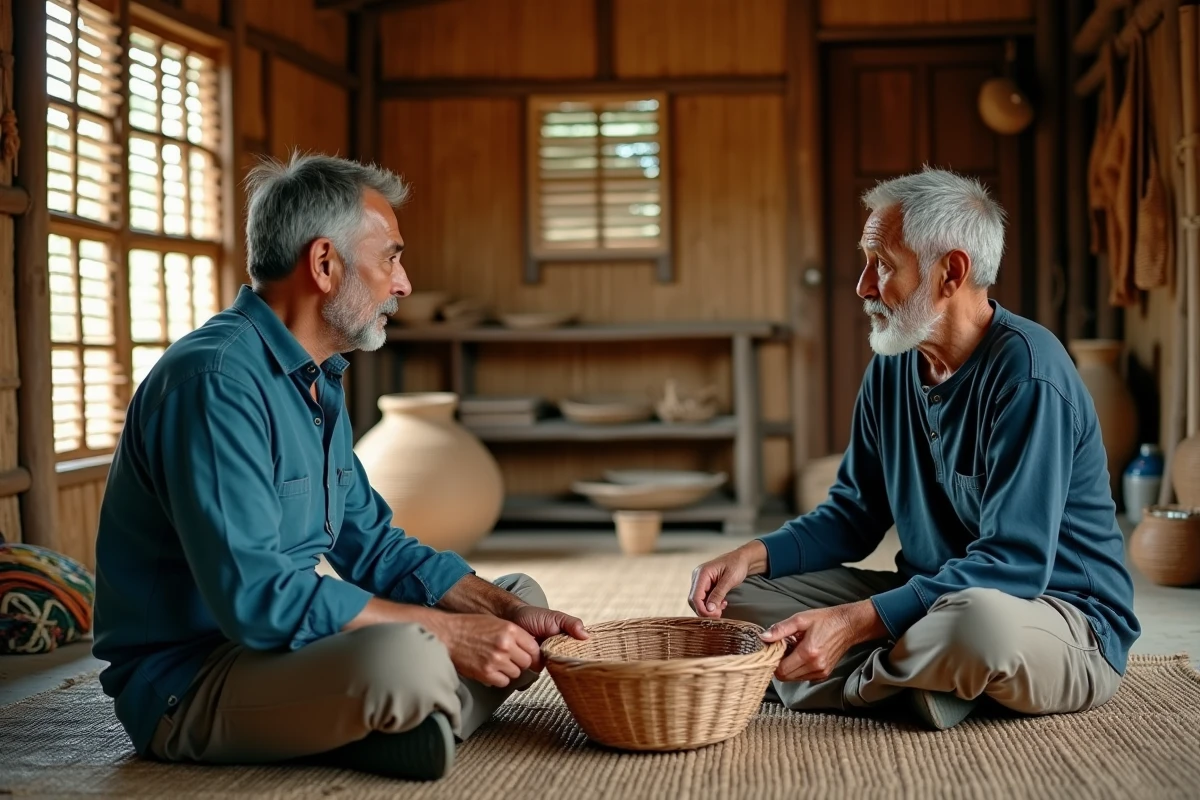 Voyageur participant à un atelier de vannerie traditionnelle avec un artisan local dans un centre communautaire en Asie du Sud-Est