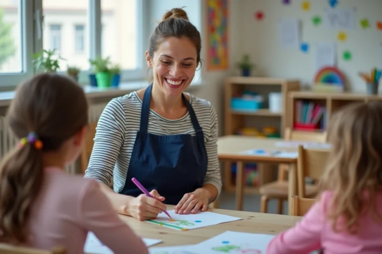 ATSEM aidant des élèves de maternelle lors d'une activité artistique en classe