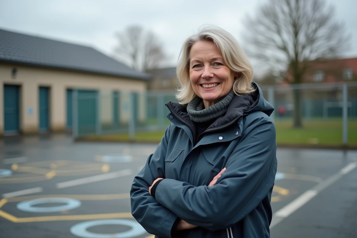 ATSEM surveillant la cour de récréation d'une école maternelle lors d'une pause