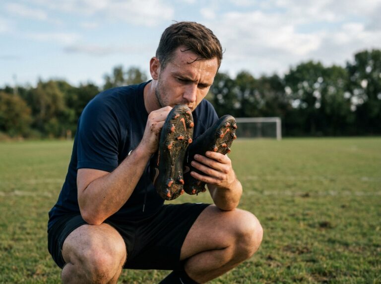 Joueur de football inspectant ses crampons terrain naturel avant l'entraînement