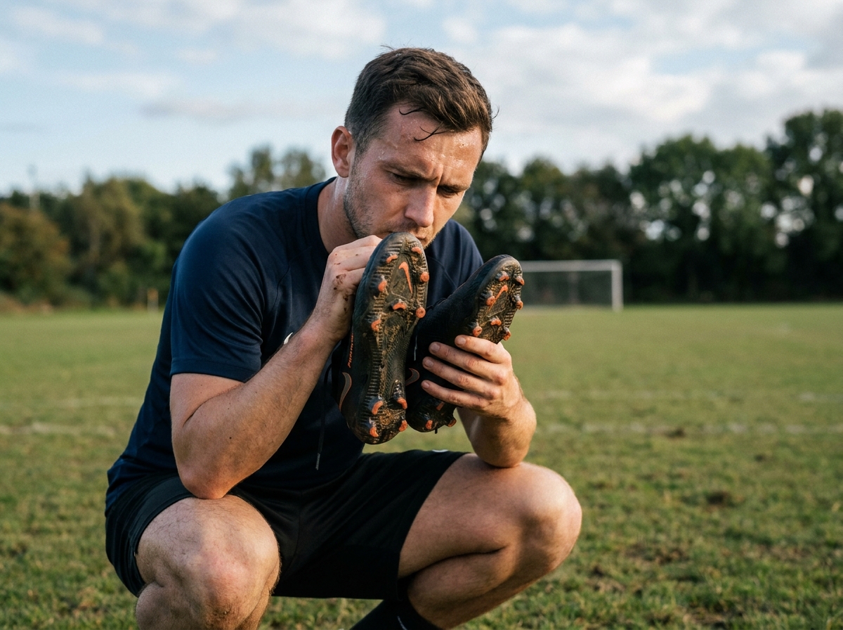 Joueur de football inspectant ses crampons terrain naturel avant l'entraînement