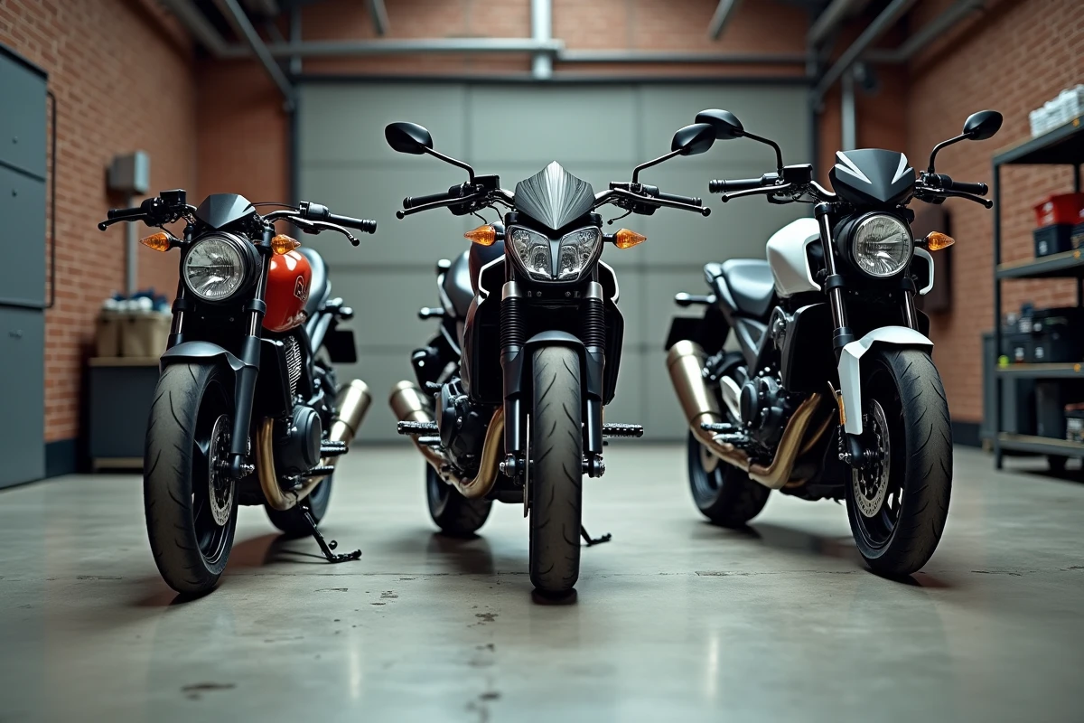 Comparatif de trois modèles de motos côte à côte dans un garage industriel, guide de choix moto par catégorie
