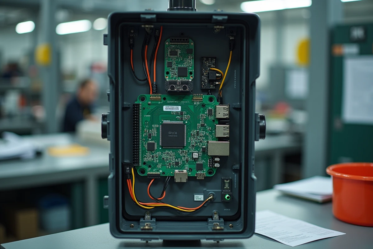 Composants électroniques internes d'un feu tricolore intelligent ouverts pour maintenance dans un atelier municipal