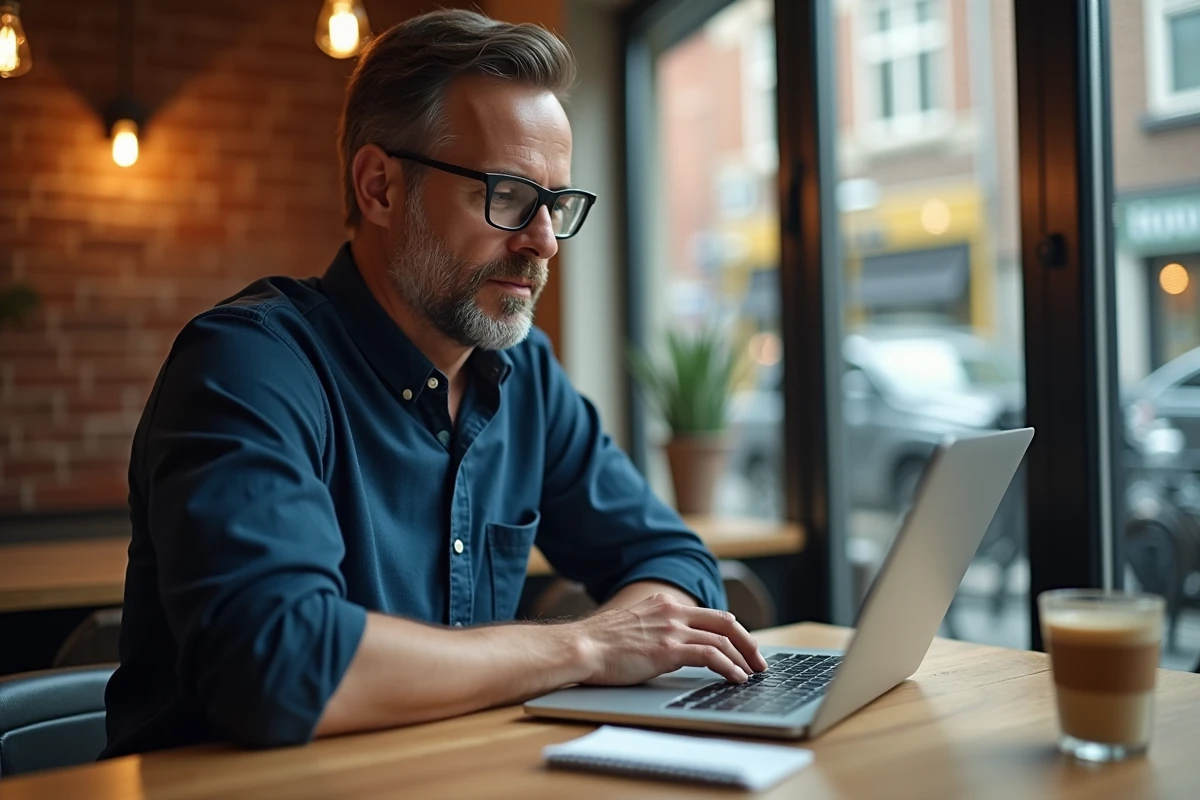 Concepteur web travaillant sur un prototype de site interactif dans un café chaleureux avec un ordinateur portable