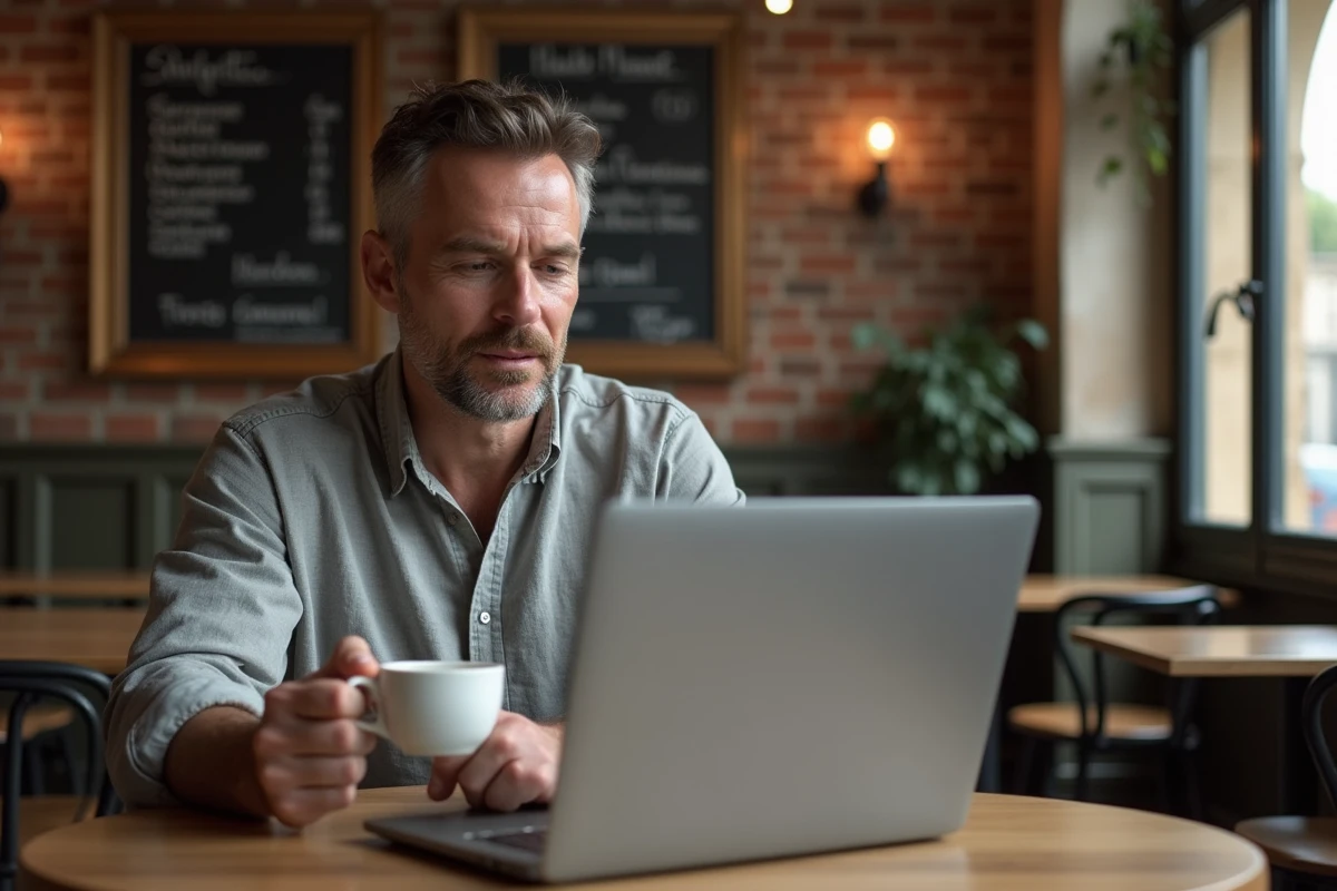 Homme consultant le plan de navigation d'un site web sur un ordinateur portable dans un café parisien