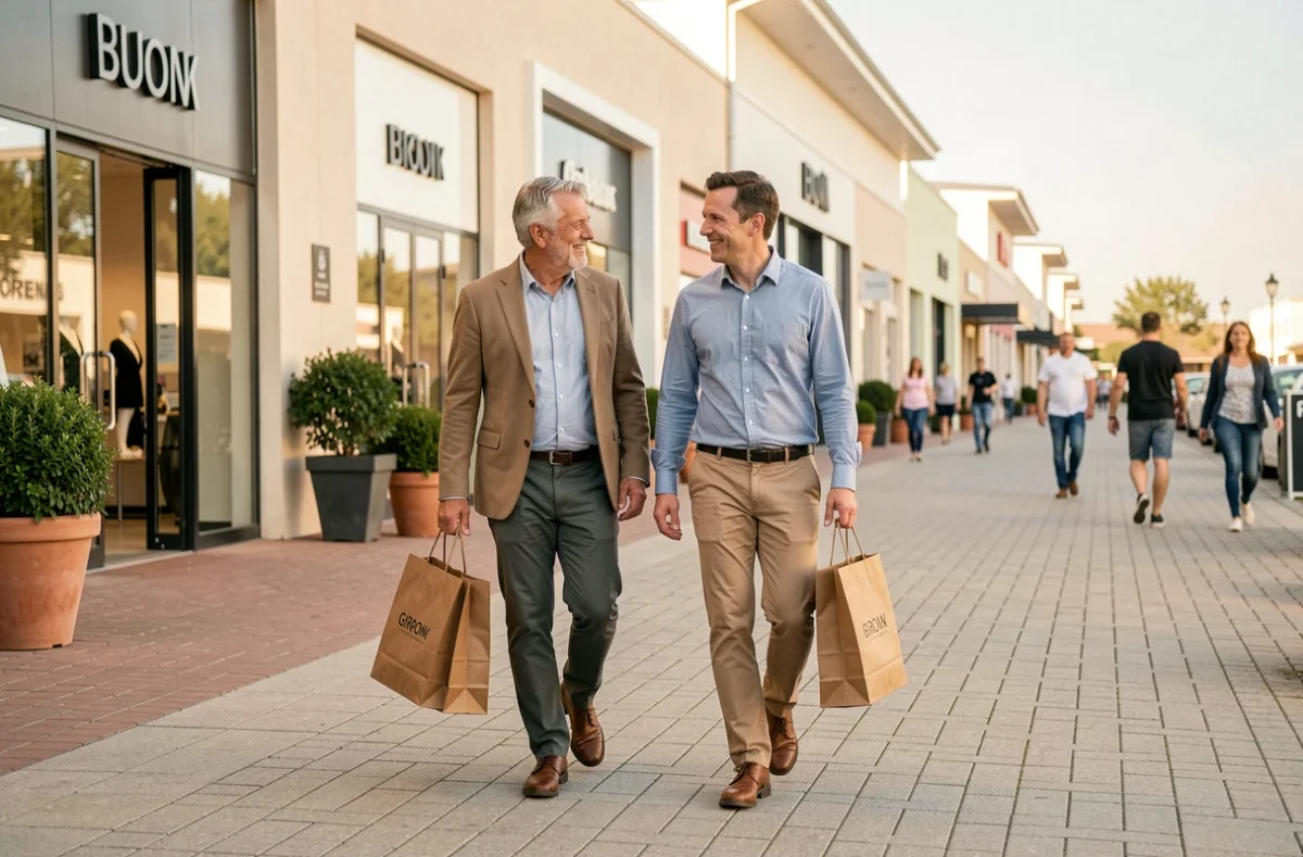 Couple se promenant dans un village outlet en Gironde avec des sacs de courses de marques