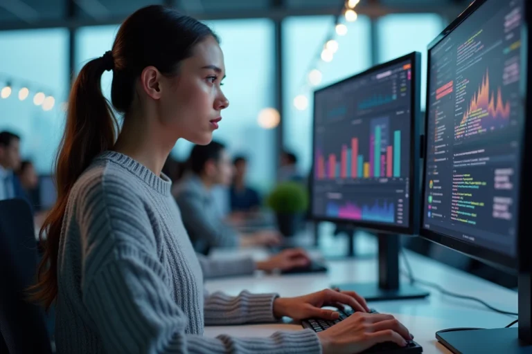 Développeuse web concentrée codant une interface dynamique sur deux écrans dans un bureau moderne
