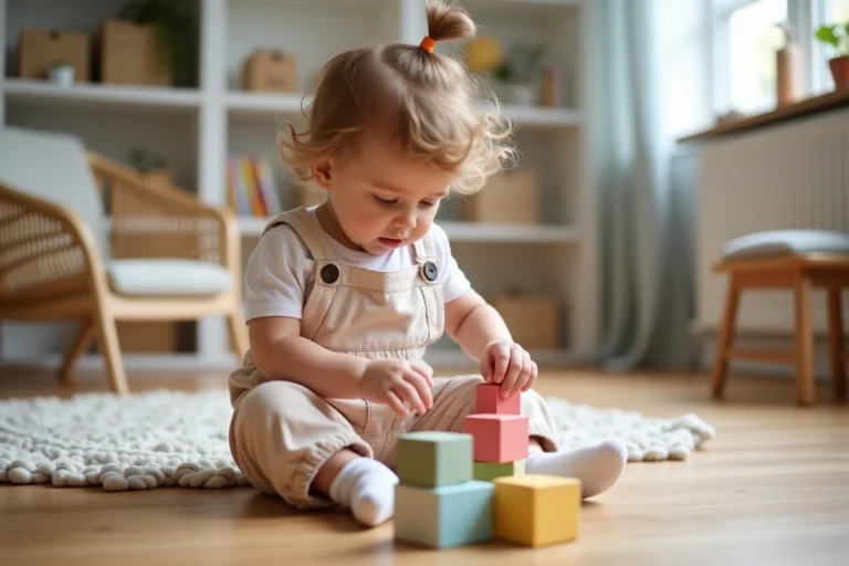 Tout-petit qui empile des cubes en bois colorés sur un parquet en chêne dans un salon scandinave, jeu d'éveil pour enfant