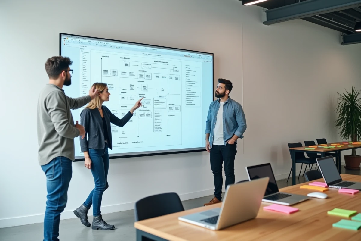 Équipe créative collaborant autour d'un écran tactile pour concevoir un site web dynamique et interactif en studio
