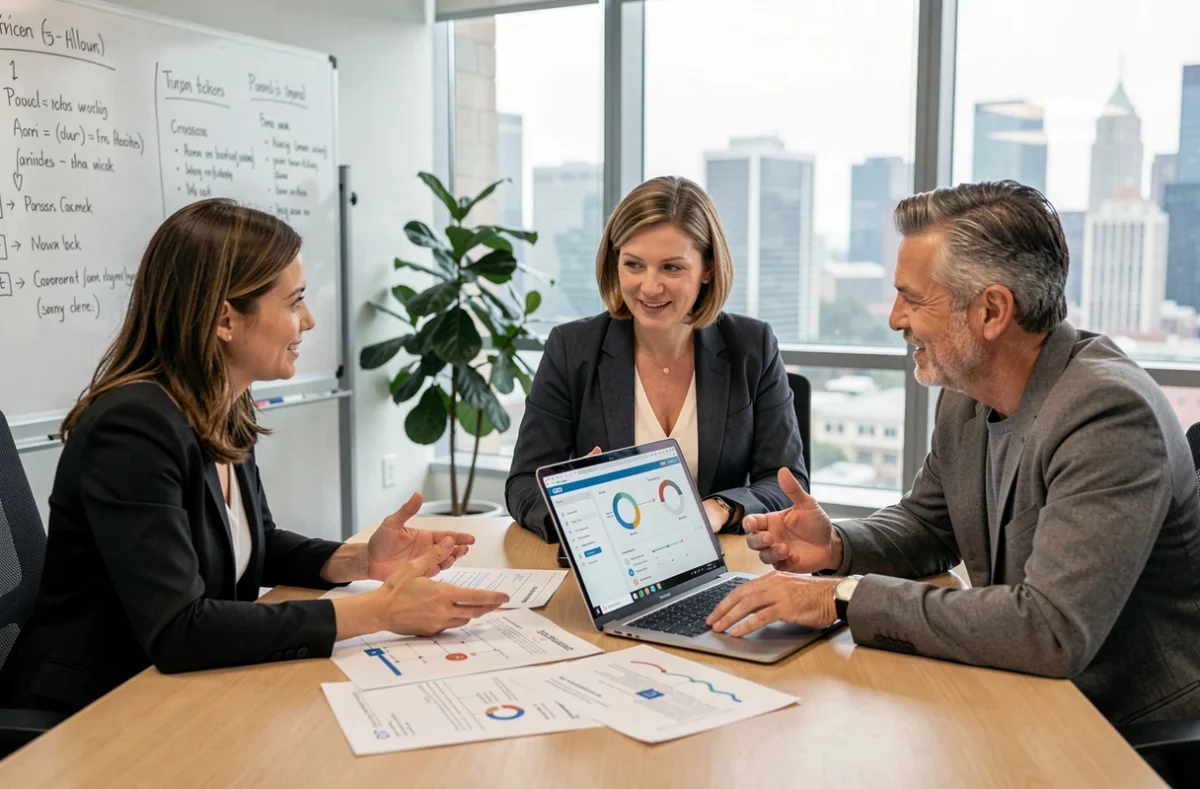 Équipe pluridisciplinaire en réunion analysant des diagrammes de flux de travail pour la mise en œuvre d'une solution de GED en entreprise