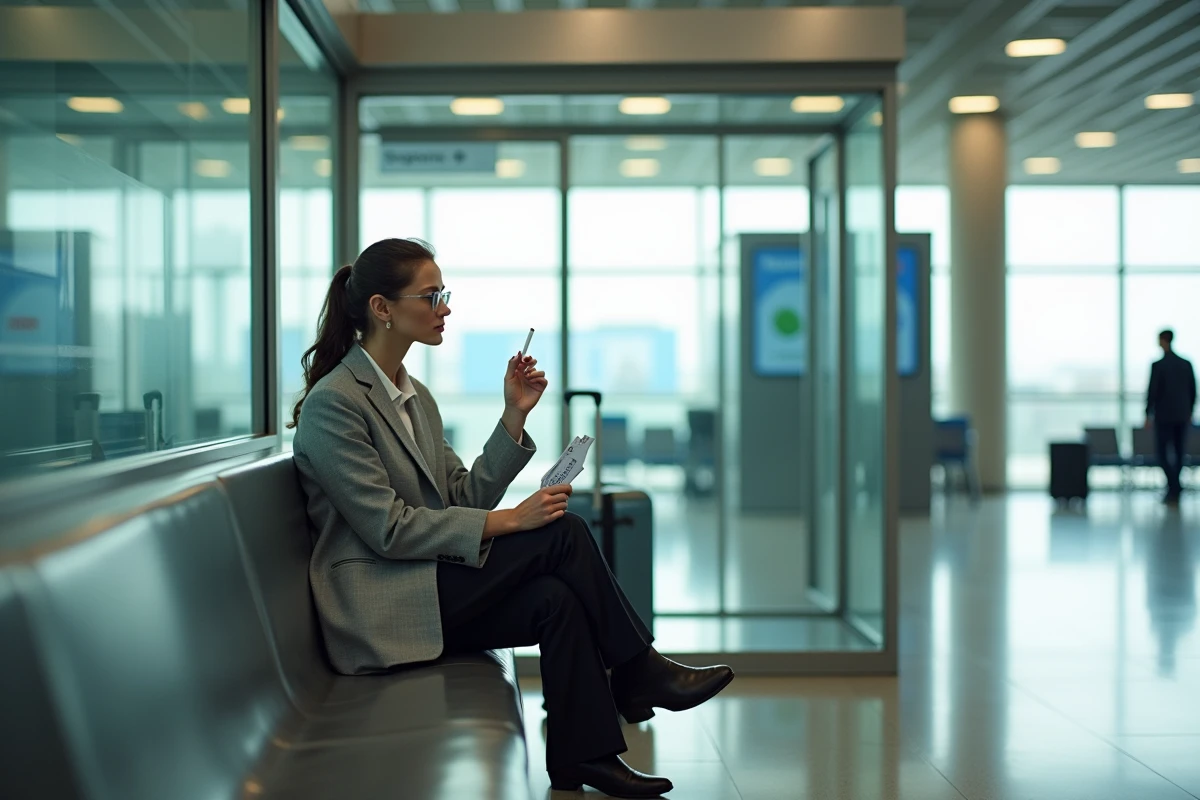 Femme assise dans l'espace fumeurs d'un terminal aéroport avec sa valise et sa carte d'embarquement