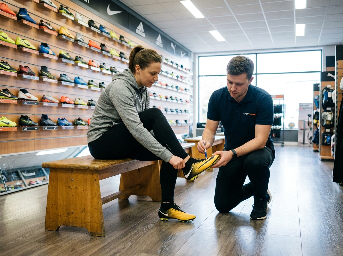 Cliente essayant des crampons de football en magasin de sport avec conseil vendeur
