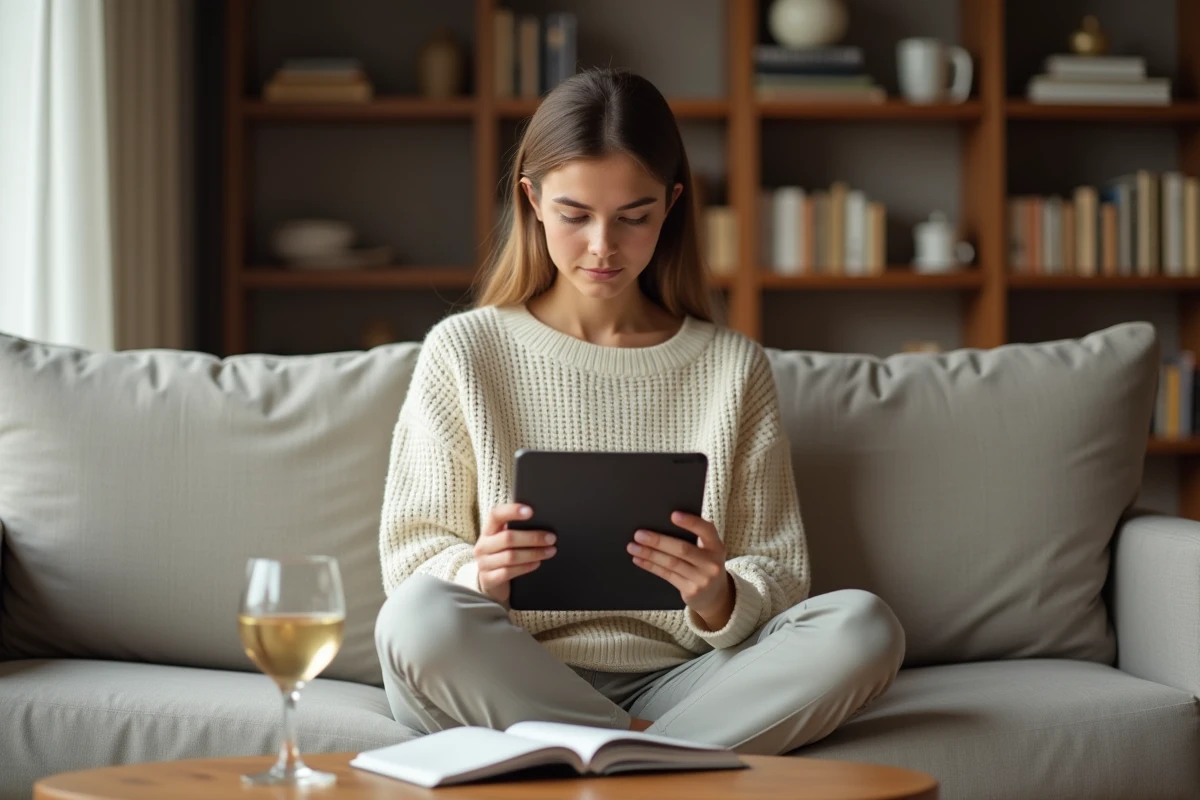 Jeune femme explorant le plan du site 75cl info sur une tablette confortablement installée dans son salon
