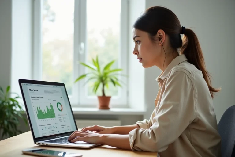 Femme travaillant sur un ordinateur portable affichant un tableau de bord e-commerce dans un bureau à domicile moderne et épuré