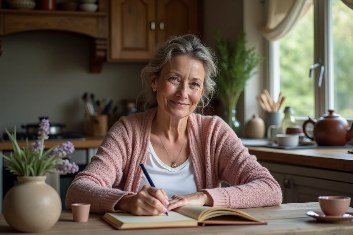 Femme écrivant dans un journal intime à une table en bois dans une cuisine chaleureuse et sereine