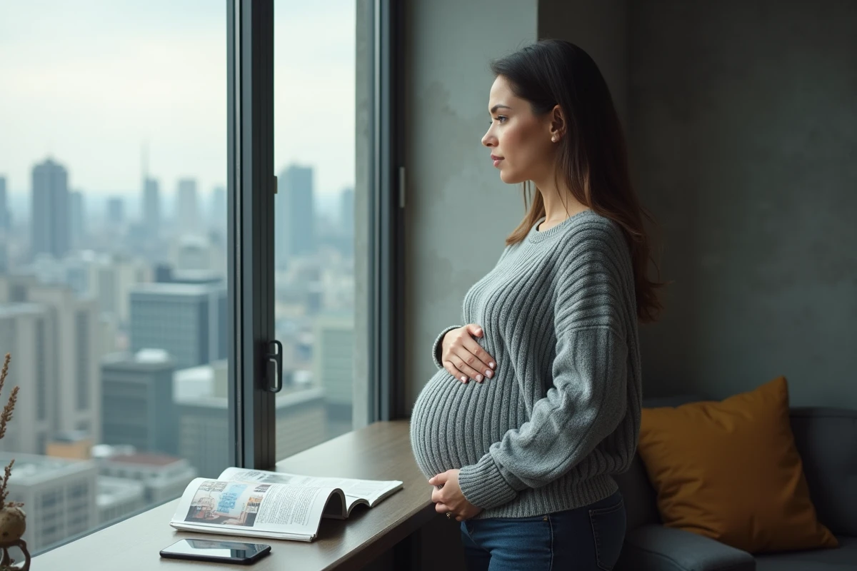 Femme enceinte pensive près d'une fenêtre d'appartement moderne avec des magazines symbolisant l'attention médiatique