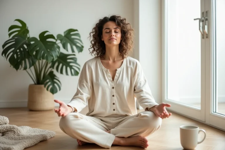 Femme en méditation assise sur un plancher en bois dans une pièce minimaliste apaisante