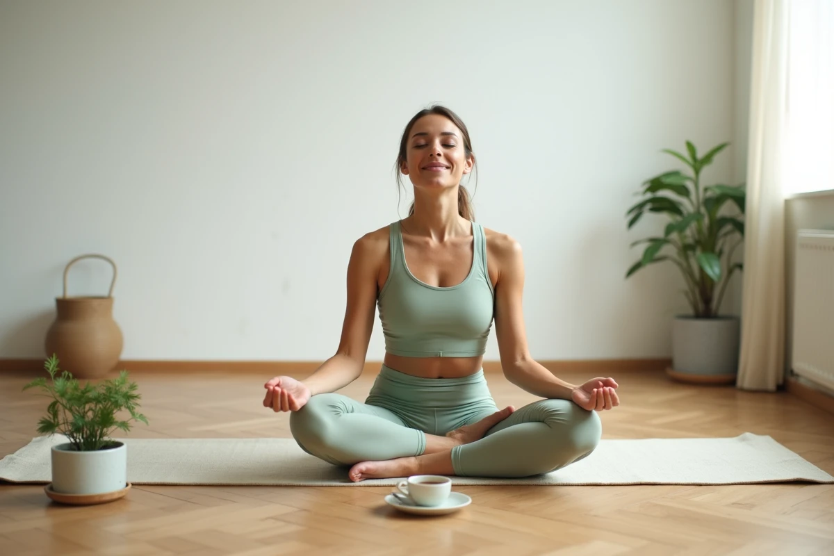 Femme pratiquant la méditation sur un tapis de yoga en lin dans un appartement minimaliste, ambiance bien-être au quotidien