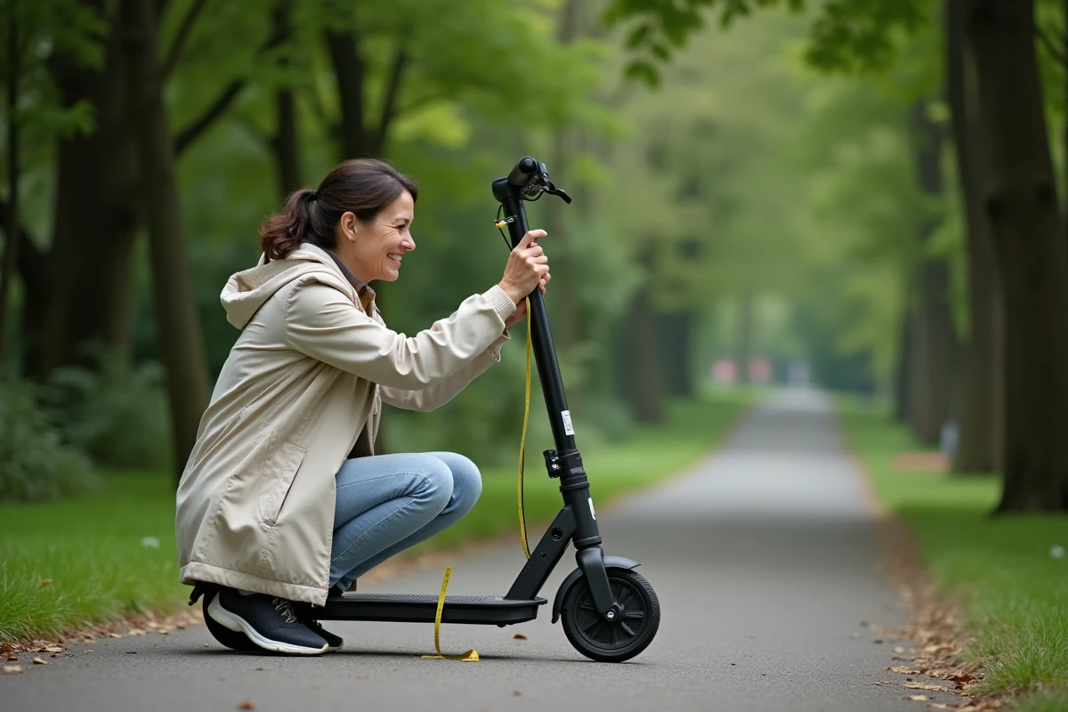 Femme mesurant un scooter dans un parc verdoyant
