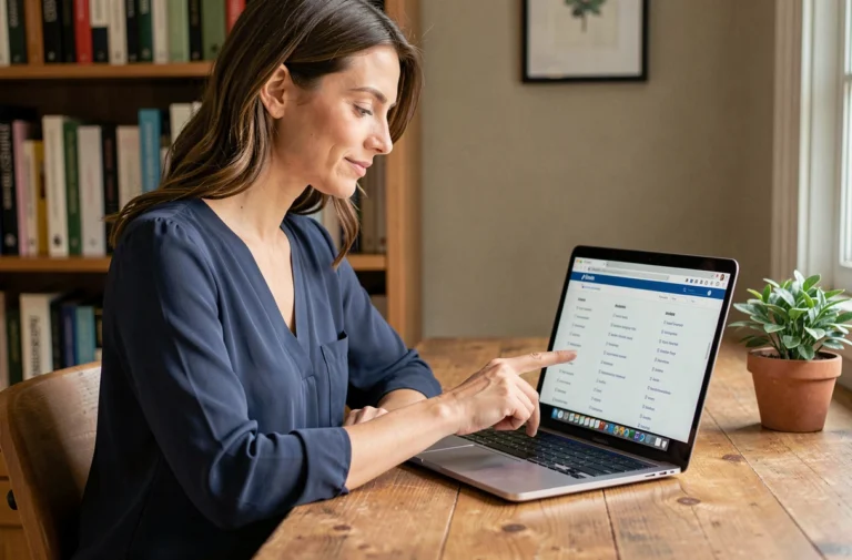 Femme naviguant sur le plan du site Apprendissimo depuis un bureau à domicile