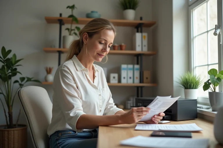 Femme comparant cartouches d'encre dans un bureau à domicile