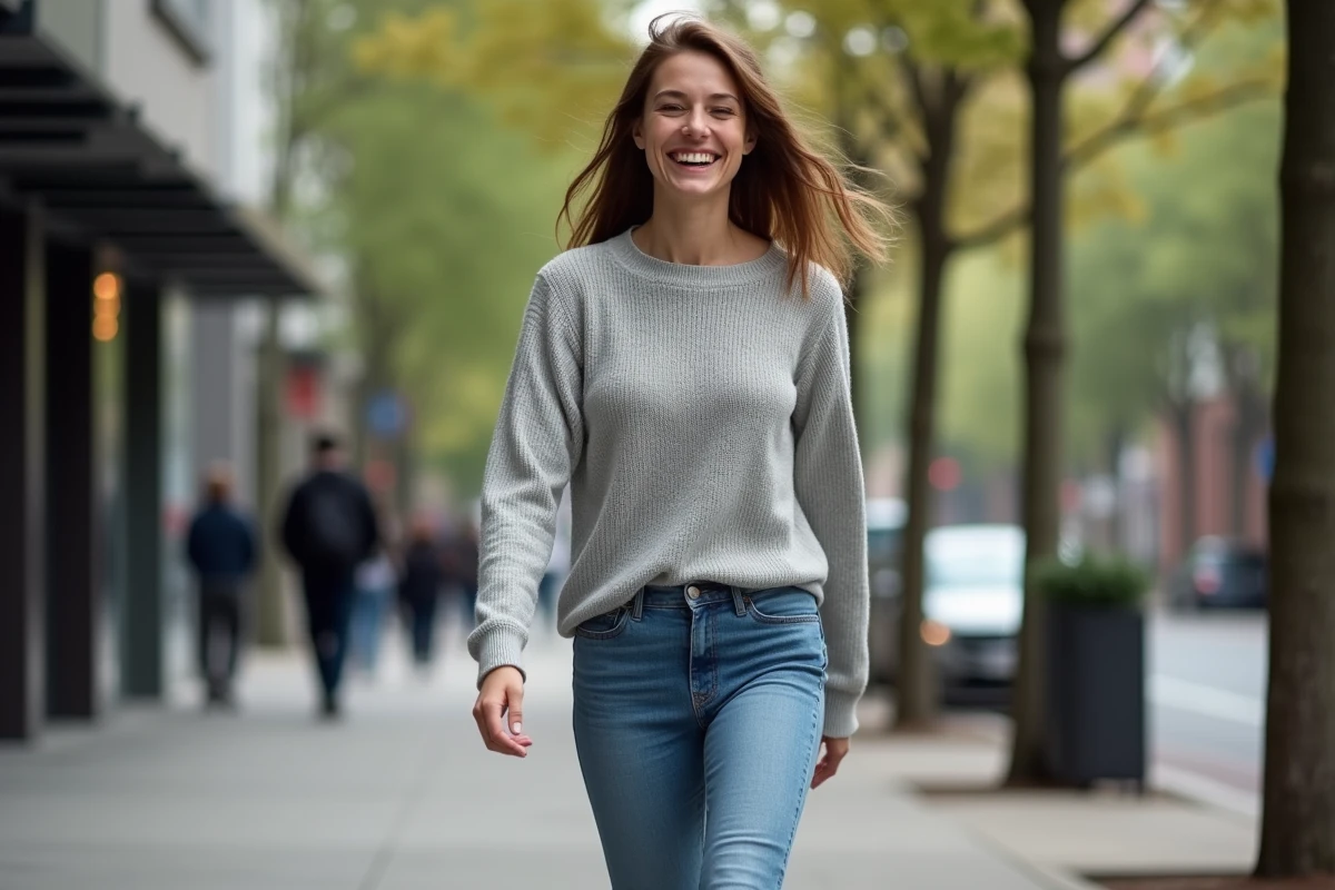 Femme souriante en jeans dans une rue urbaine animée