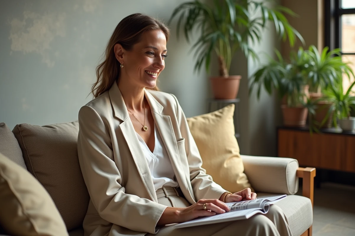 Femme confiante dans un salon cosy et lumineux