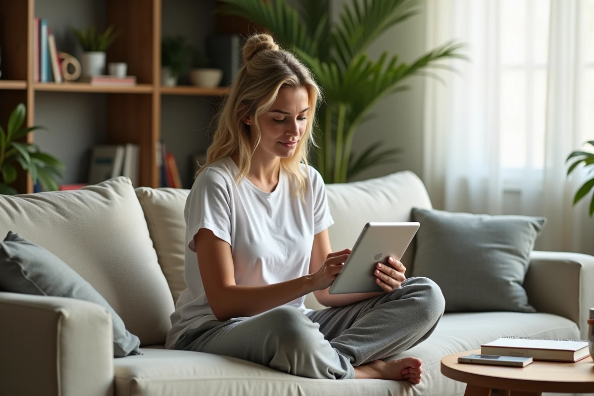 Femme analysant des statistiques de revenus en ligne sur une tablette confortablement installée dans son salon