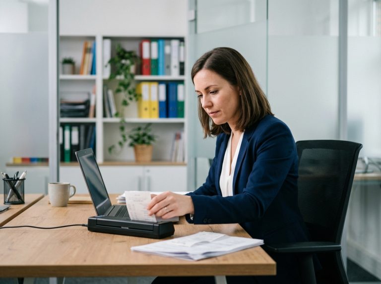 Femme en blazer bleu scannant des reçus au bureau