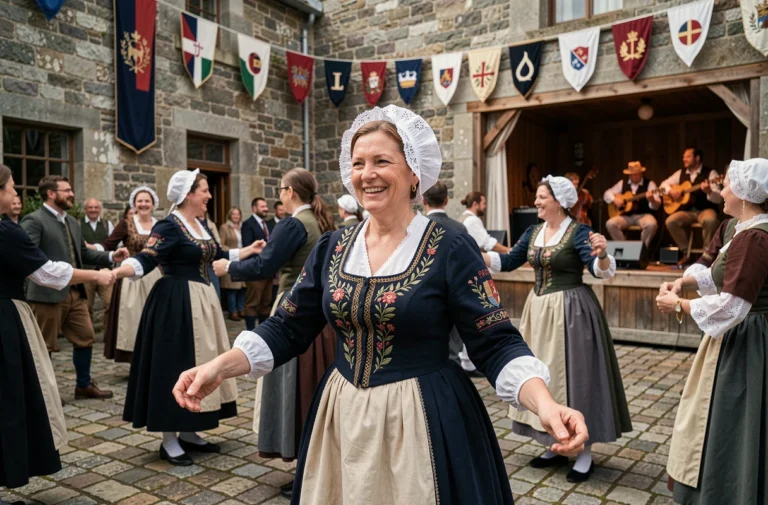 Femme bretonne en costume traditionnel dansant lors d'un fest-noz dans une cour en granit