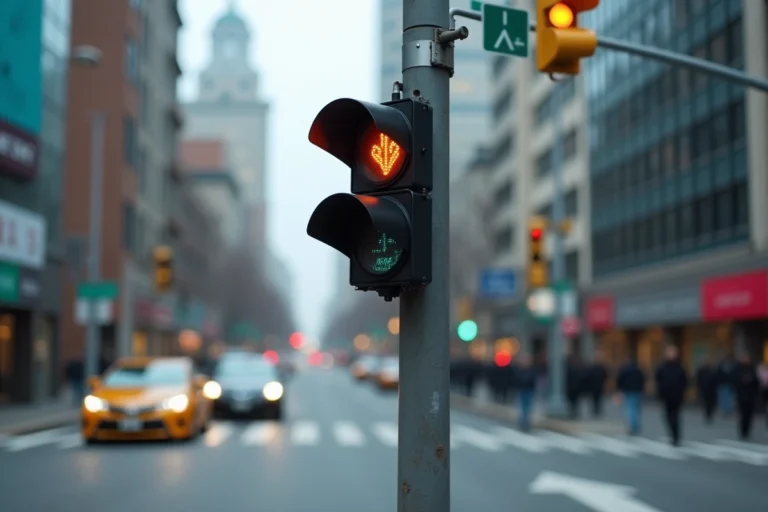 Feu tricolore intelligent installé à une intersection urbaine avec capteurs intégrés et panneau numérique