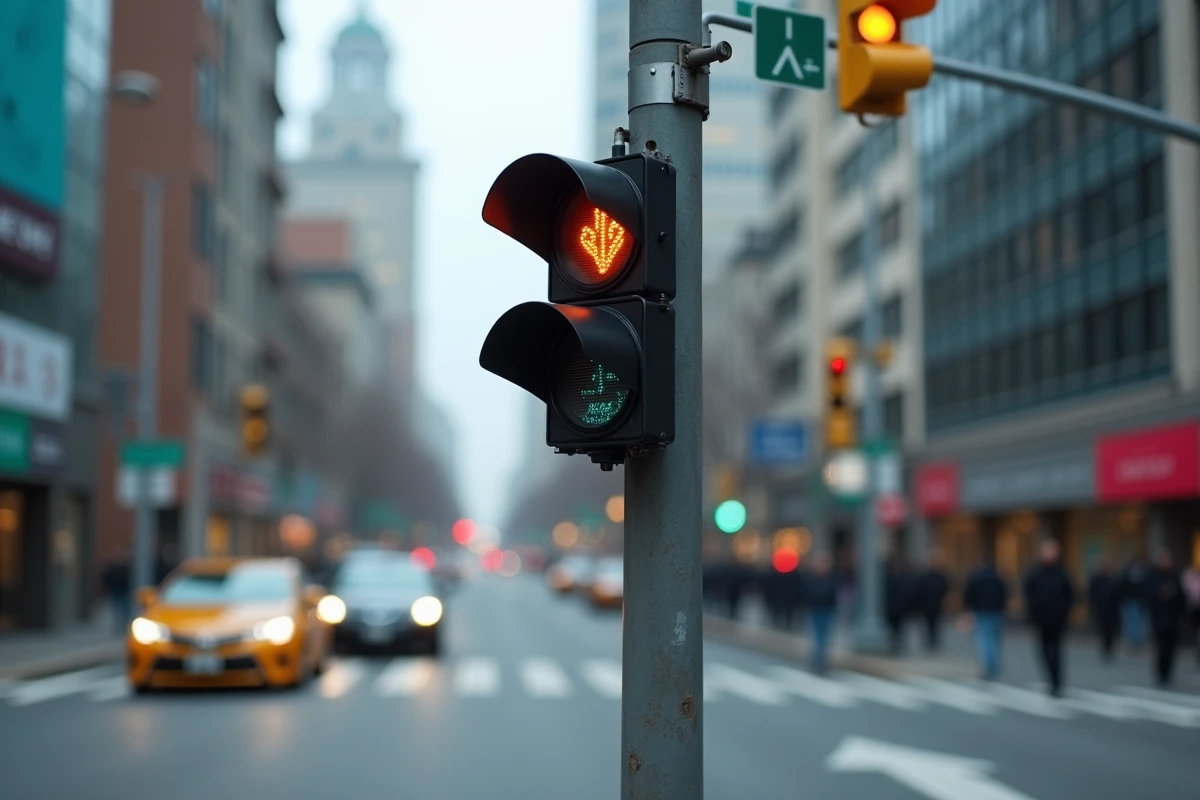 Feu tricolore intelligent installé à une intersection urbaine avec capteurs intégrés et panneau numérique