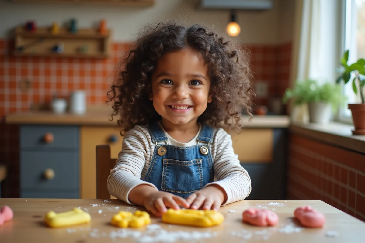 Petite fille modelant de la pâte à modeler colorée sur une table en bois dans une salle de jeux, activité créative et sensorielle pour enfant