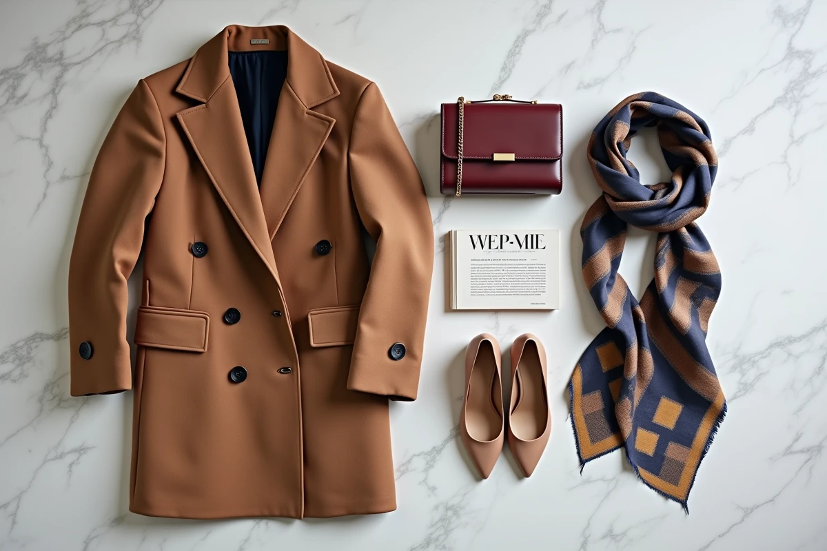 Flat lay éditorial de mode automnale française avec manteau en laine camel, escarpins en cuir, sac à main bordeaux et foulard en soie géométrique sur marbre blanc