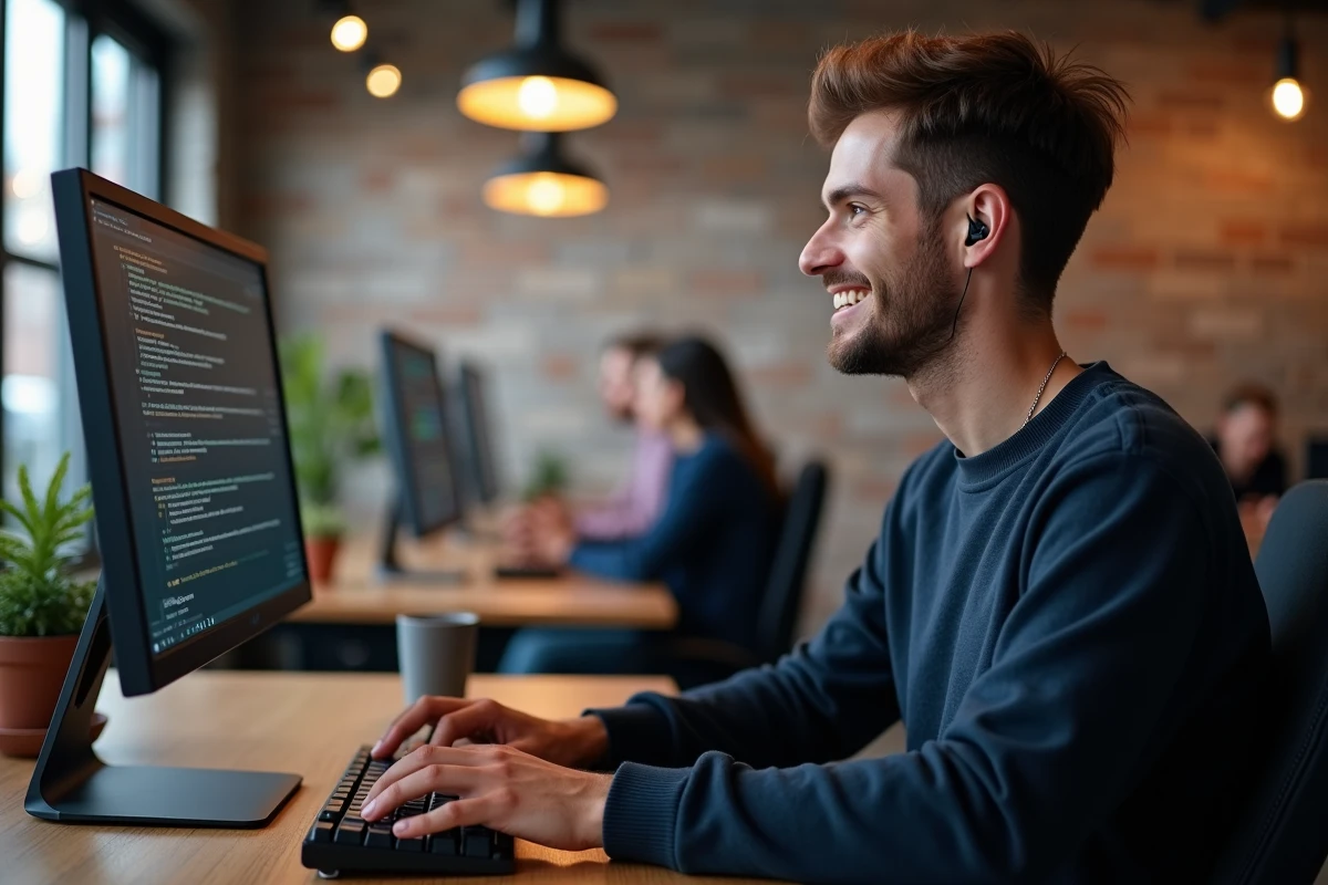 Jeune homme travaillant sur une plateforme freelance dans un espace de coworking moderne avec briques apparentes