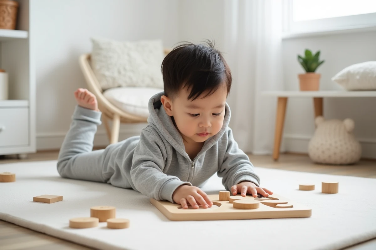 Petit garçon concentré sur un puzzle en bois à encastrements allongé sur un tapis de jeu dans une chambre d'enfant épurée