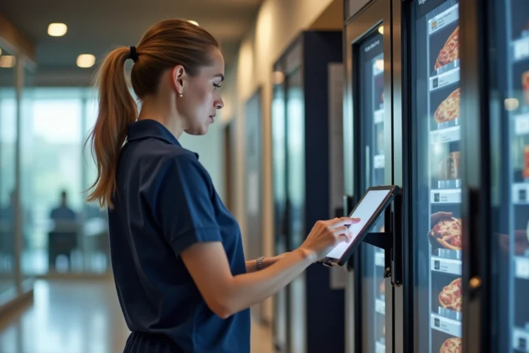 Opératrice gérant un distributeur automatique de pizzas via une tablette dans une salle de pause d'entreprise