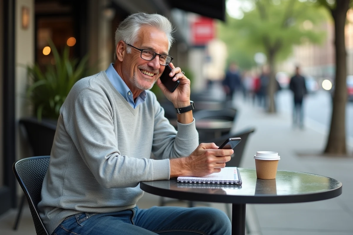 Homme âgé souriant au café en appel