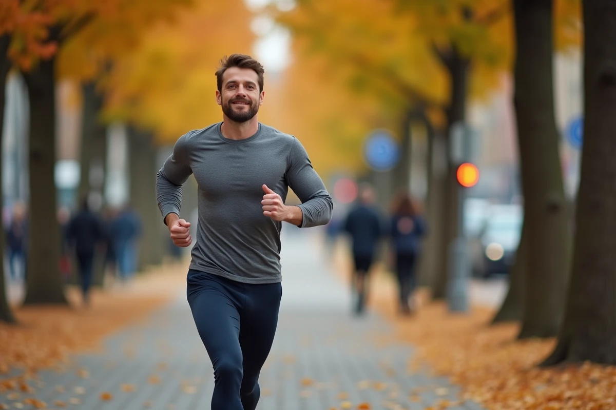 Homme en jogging pratiquant la course à pied sur une allée urbaine bordée d'arbres en automne pour sa remise en forme