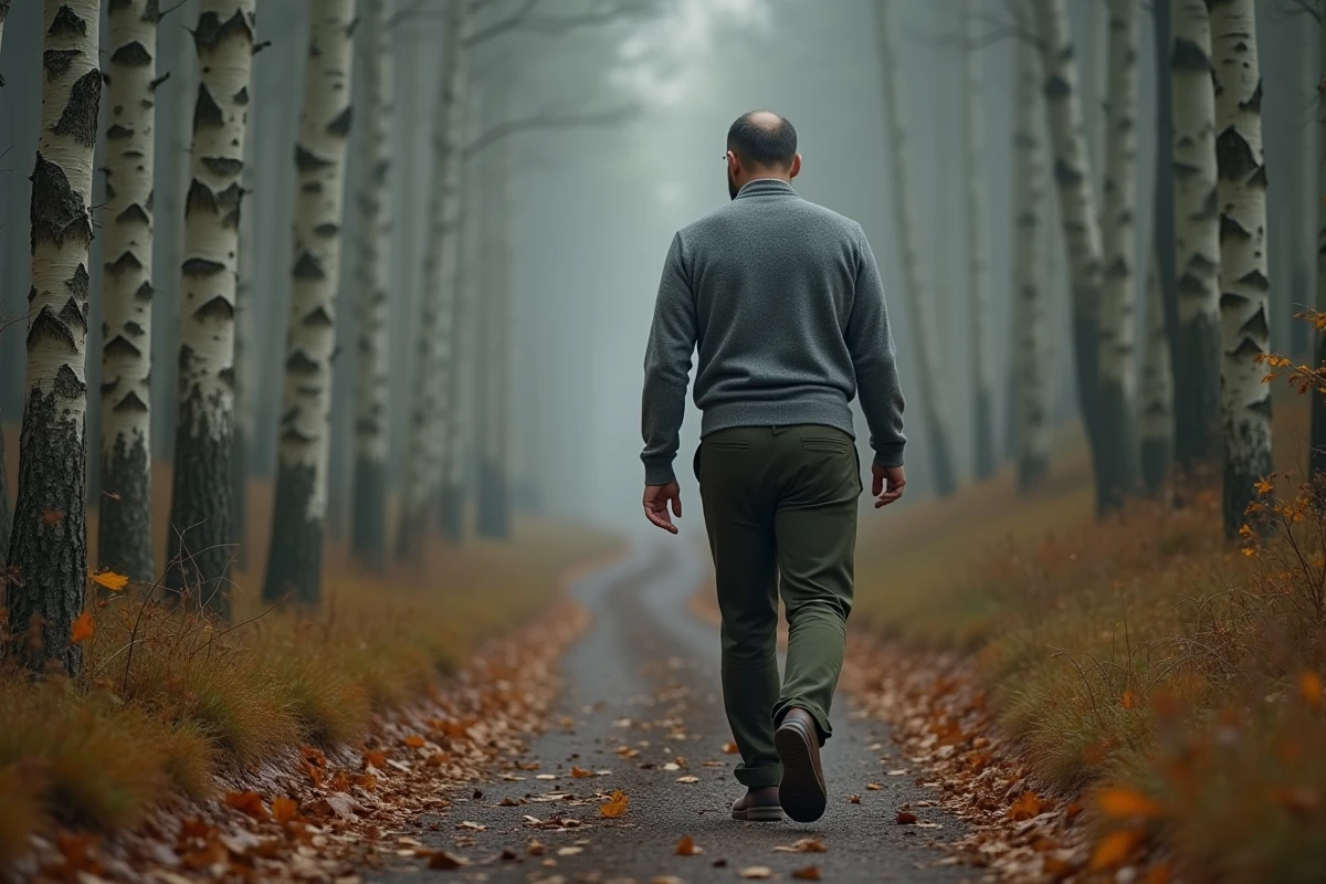 Homme se promenant seul sur un sentier forestier brumeux en pleine nature apaisante