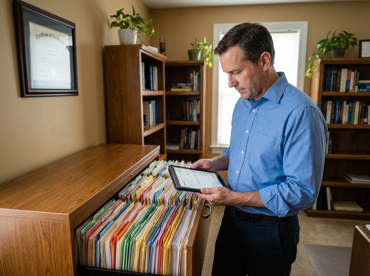 Homme en chemise vérifiant des factures sur tablette