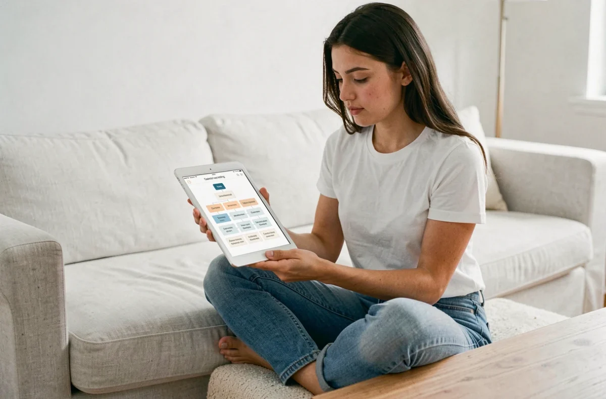 Jeune femme consultant le plan du site Apprendissimo sur une tablette dans un salon moderne