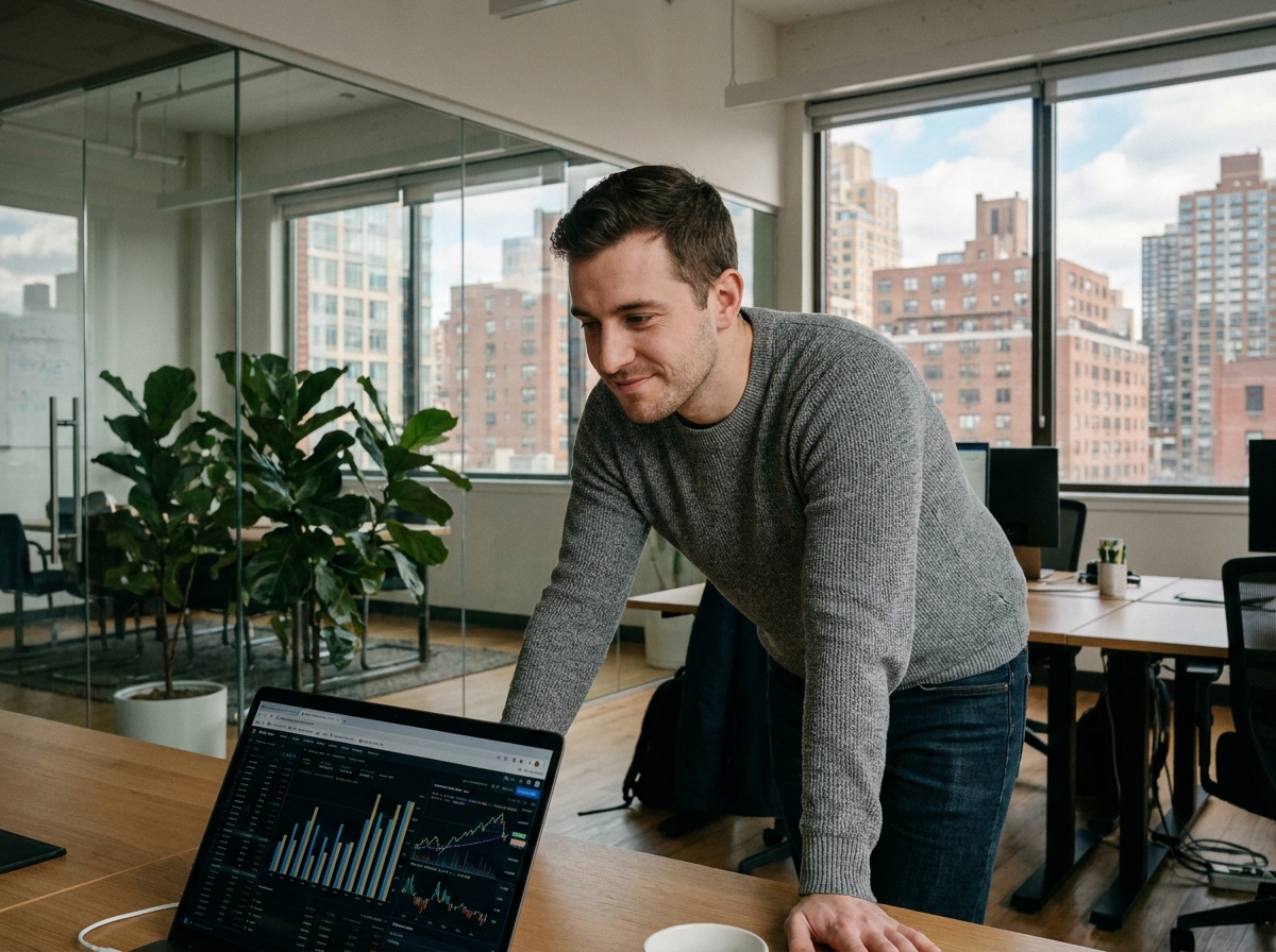 Jeune homme vérifiant des graphiques financiers au bureau