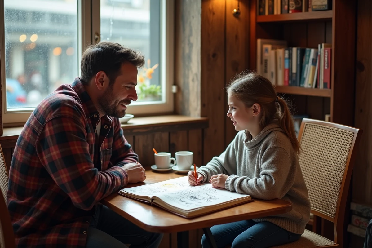 Père et fille consultant un journal de voyage illustré dans un hébergement familial pendant un voyage