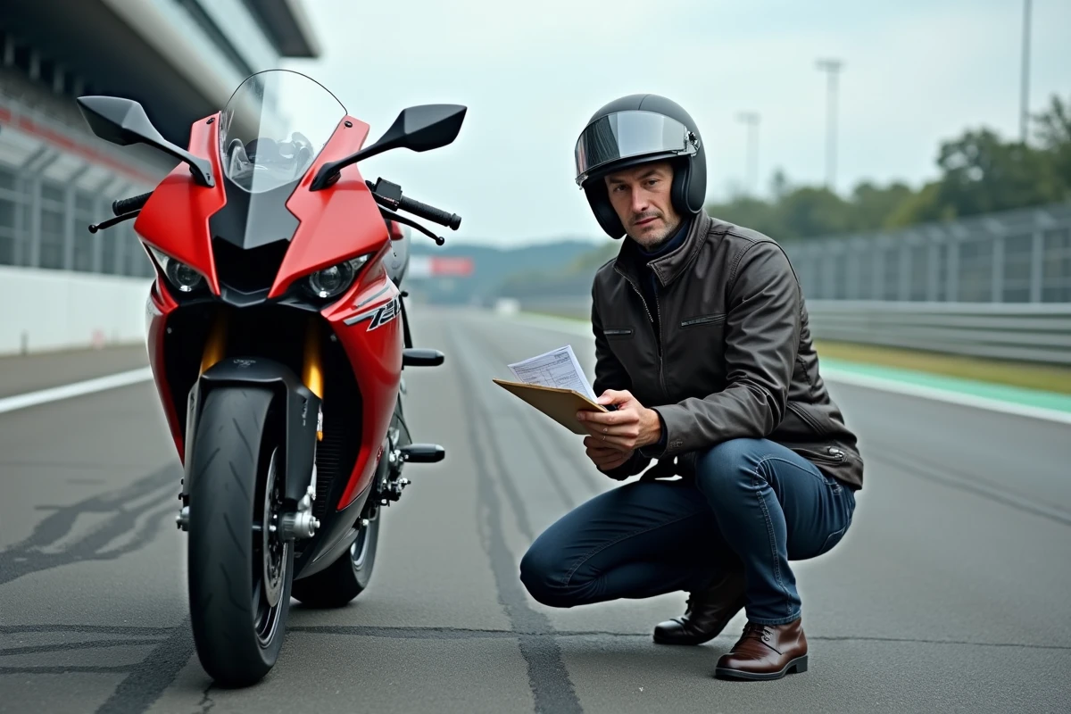 Journaliste moto analysant les performances d'une moto sport-touring sur un circuit fermé, comparatif moto professionnel