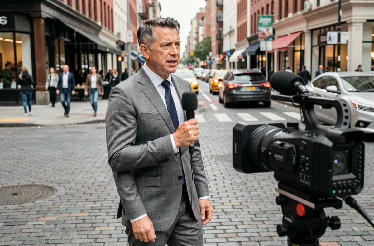 Journaliste homme en direct dans la rue pour un reportage télévisé sur les tendances actuelles