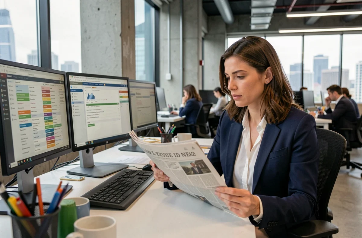 Journaliste femme consultant des actualités sur écran dans une salle de rédaction moderne