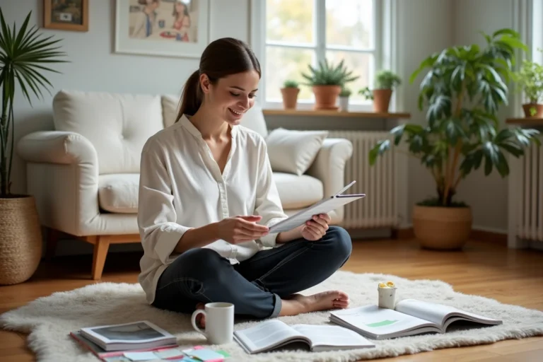 Maman moderne assise sur le sol de son salon, entourée de magazines et d'un tablet, explorant différentes thématiques pour les femmes d'aujourd'hui